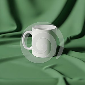 A plain white ceramic mug is centered on a soft, green, draped cloth backdrop