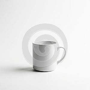 A plain white ceramic mug with a curved handle sits on a smooth, white surface. The