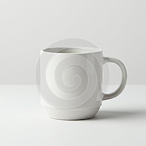 A plain white ceramic mug with a cylindrical shape and a rounded handle, set against a