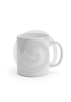 Plain white ceramic mug with a cylindrical shape and a smooth surface. It features a