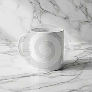 A plain white ceramic mug with a handle sits on a marble surface. The surface and