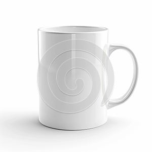 Plain white ceramic mug isolated on a white background with subtle shadows