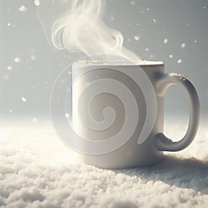 A plain white ceramic mug mock up snow background with smoke. ai generative