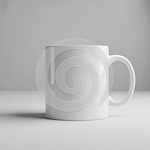 A plain white ceramic mug is placed on a smooth, white surface against a light gray