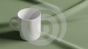 A plain white ceramic mug is placed on a textured green fabric