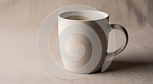 A plain, white ceramic mug is