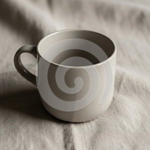 A plain, white ceramic mug rests