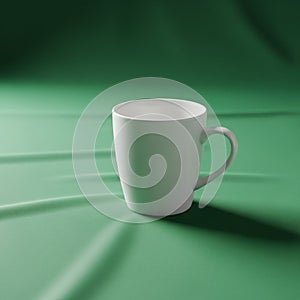 A plain white ceramic mug rests on a smooth green fabric surface