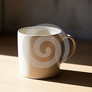 A plain white ceramic mug with a rounded handle is placed on a wooden surface.