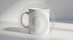 A plain white ceramic mug with a smooth surface and a rounded handle sits on a flat