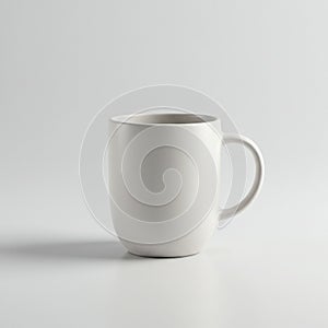 A plain white ceramic mug with a smooth texture and a simple, rounded shape sits on