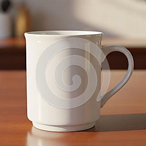 Plain white ceramic mug with a sturdy handle, placed on a smooth wooden surface