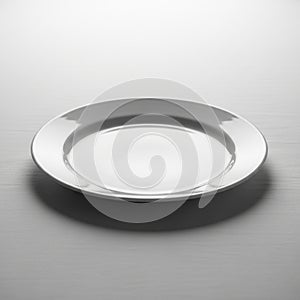 A plain white ceramic plate is centered on a light gray, textured surface. The plate has