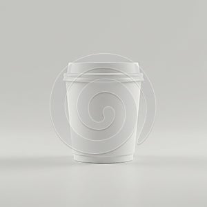 A plain white disposable coffee cup with a lid, made of paper. The cup is centrally