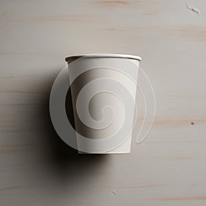 A plain, white paper cup is
