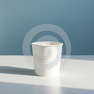 A plain white paper cup stands on a smooth, white surface, casting a subtle shadow.