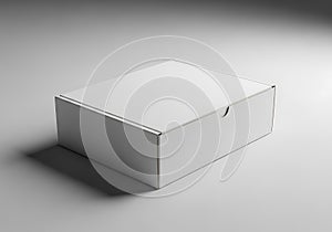 A plain white rectangular box with a lid casting a subtle shadow on a light gray surface
