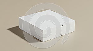 A plain, white rectangular box with a smooth surface rests on a beige background.