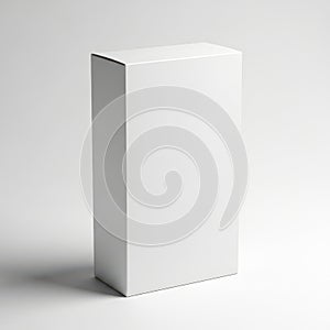 A plain white rectangular box standing upright on a light gray surface
