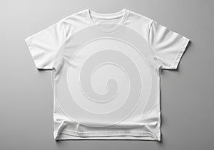 A plain white T-shirt is displayed on a flat surface. It has a crew