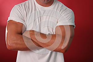 Plain white tee on crimson