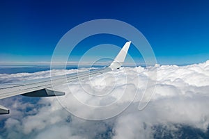 Plain wing over blue sky. Flight from Helsinki to Amsterdam
