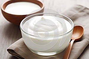 plain yogurt in a ceramic bowl with a silver spoon