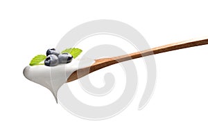 Plain yogurt on a spoon with fresh blueberries on top isolated on white background