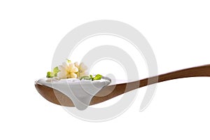 Plain yogurt on a spoon with fresh flower shape apple on top isolated on white background