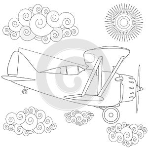 Plaine. Coloring image of air plane in the sky. Vector illustration