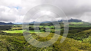 The Plaine des Cafres on Reunion Island filmed from the sky