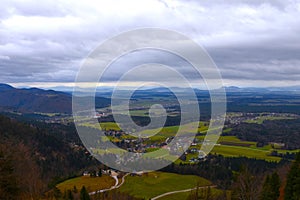 Plains with fields and forests in Gorenjska, Slovenia photo