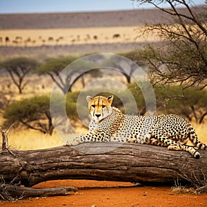 On the Plains of the Serengeti, a Cheetah Rests on a Low Branch, Intently Watching What is Happening Around Him photo