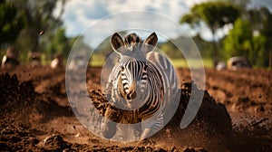 Plains zebra running through muddy mud in Kruger National Park, South Africa Specie Equus quagga burchellii family of Equidae.