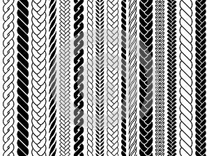 Plaits and braids pattern brushes. Knitting, braided ropes vector isolated collection photo