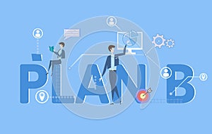 PLAN B. Concept table with keywords, letters and icons. Colored flat vector illustration on blue background.