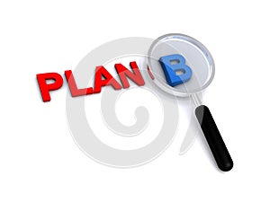 Plan b with magnifying glass on white