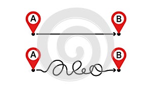 Plan B vector icon, route concept, way from point A to B on map, straight and difficult path, challenge icon. Planning and reality