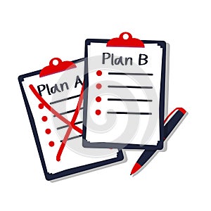 Plan B written in a clipboard isolated on a table. Plan A failed. Vector illustration flat