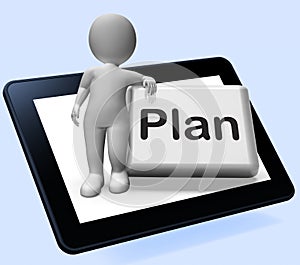 Plan Button With Character Shows Objectives Planning And Organizing