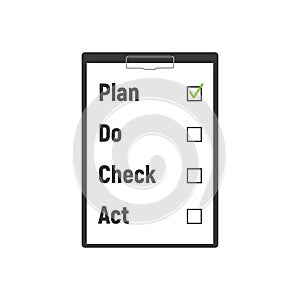 Plan Do Check Act. Businessman checks the action list holding clipboard in hand. Business concept. Action plan on paper. PDCA