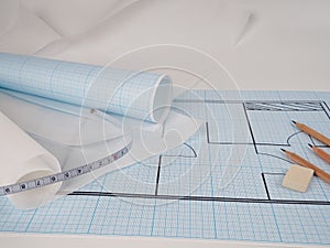 Plan on graph paper, the process of plan construction and new design of cozy home, Pachuca new apartment. Graph paper for