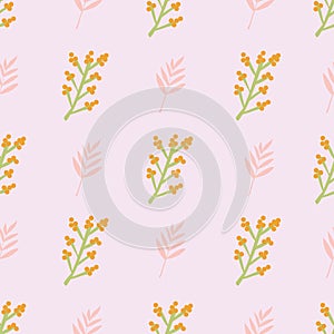 Plan leaf berry nature seamless repeat vector pattern. Pinnate leaf background coral pink orange green. Delicate floral