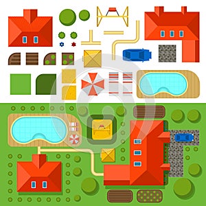 Plan of private house with garden, pool and car vector illustration