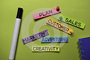 Plan, Sales, Customer, Marketing, Advertising, Creativity text on sticky notes isolated on green desk. Mechanism Strategy Concept