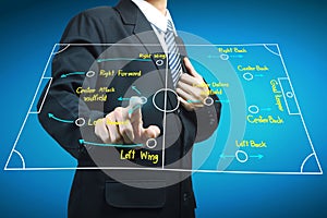 Plan of soccer manager pointing to strategy tactical
