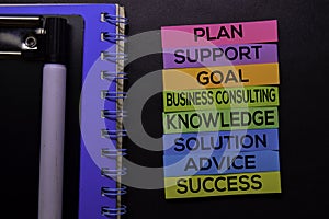 Plan, Support, Goal, Business Consulting, Knowledge, Solution, Advice, Success text on sticky notes isolated on Black desk.