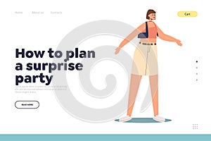 Plan surprise party concept of landing page with astonished young woman with surprised and excited