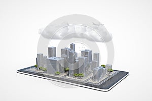 Plan of the urban area in the cell phone with clouds