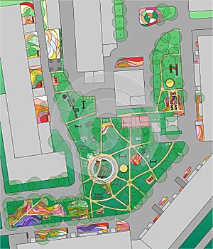 Plan of urban yard with trees, flowerbed and playgrounds.